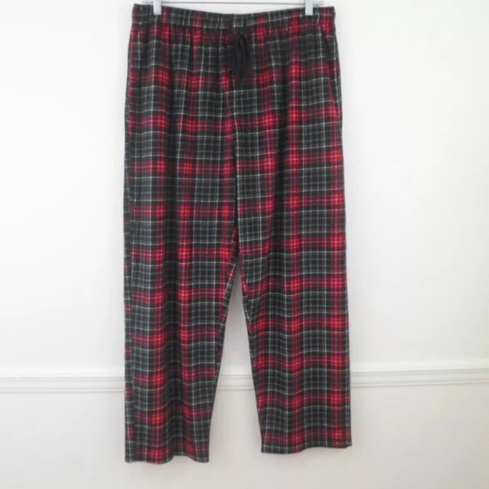 IZOD Red Green Plaid Fleece Pajama Lounge Pants Mens XL Drawstring Elastic Waist